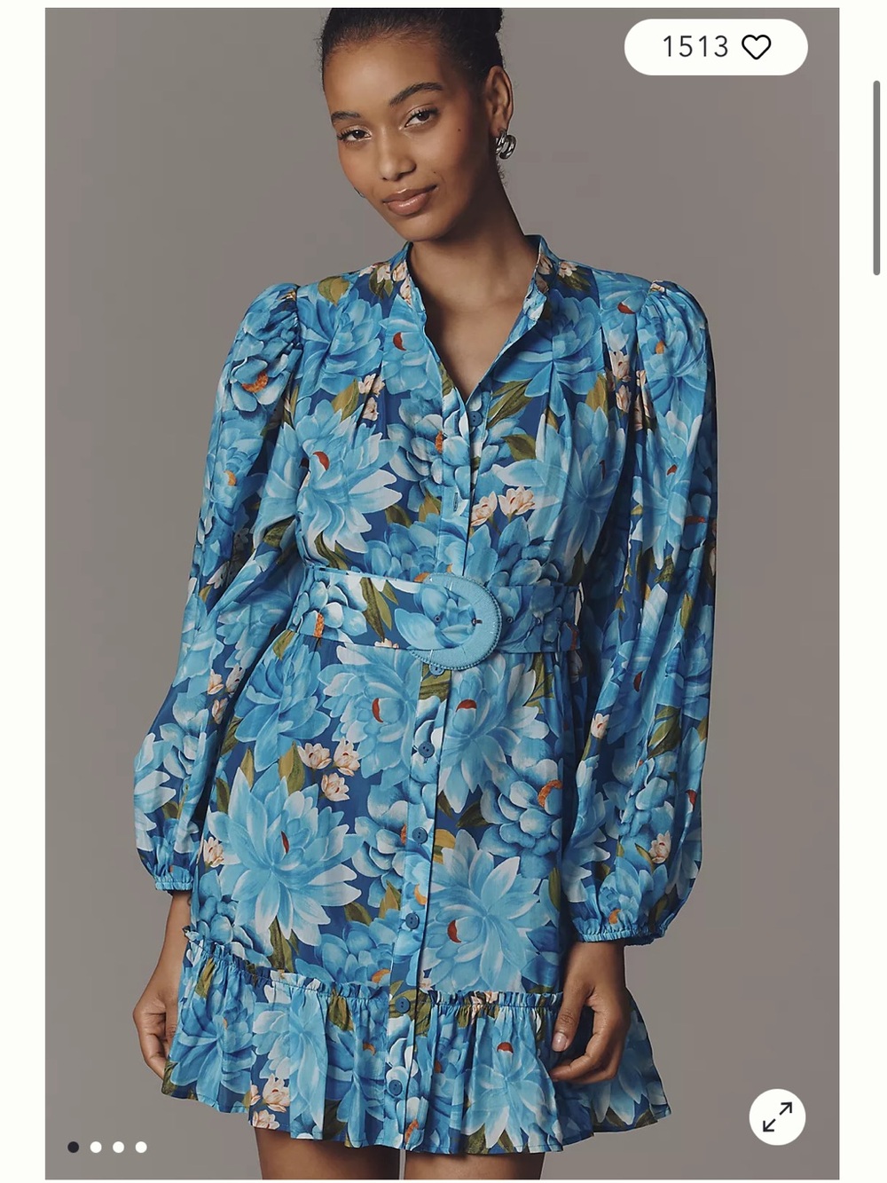 FARM Rio Blue Floral Belted Long-Sleeve Mini Dress